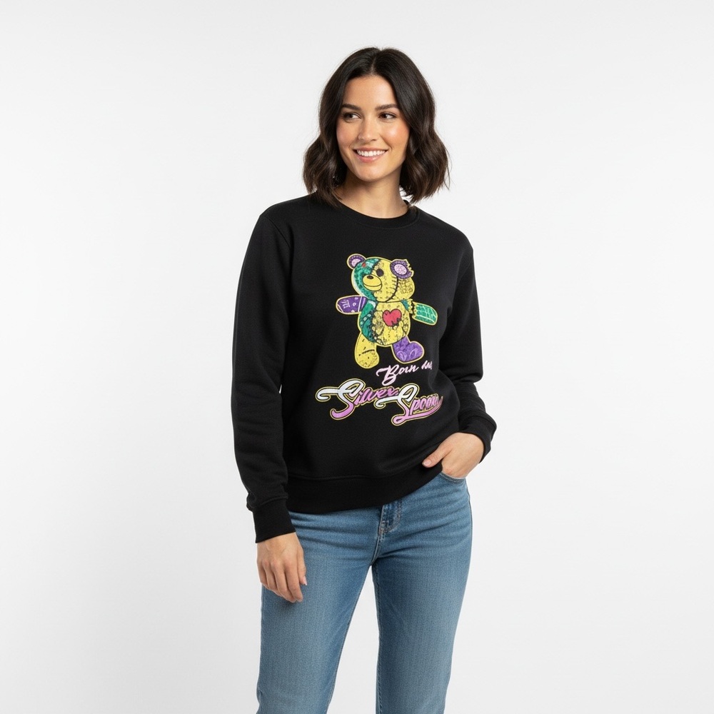 Black Sweatshirt with Colorful Bear “Born With Silver Spoon” Graphic